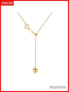 18K Solid Gold Heart Necklace Women Adjustable Wheat Slider Chain Y Necklace 18"